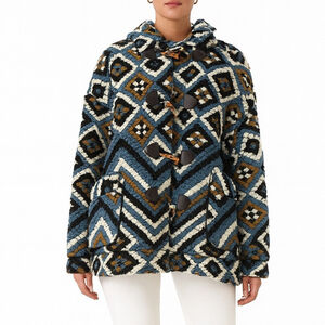 ZARA Geometric Toggle Jacket Size XS Blue and Brown Textured